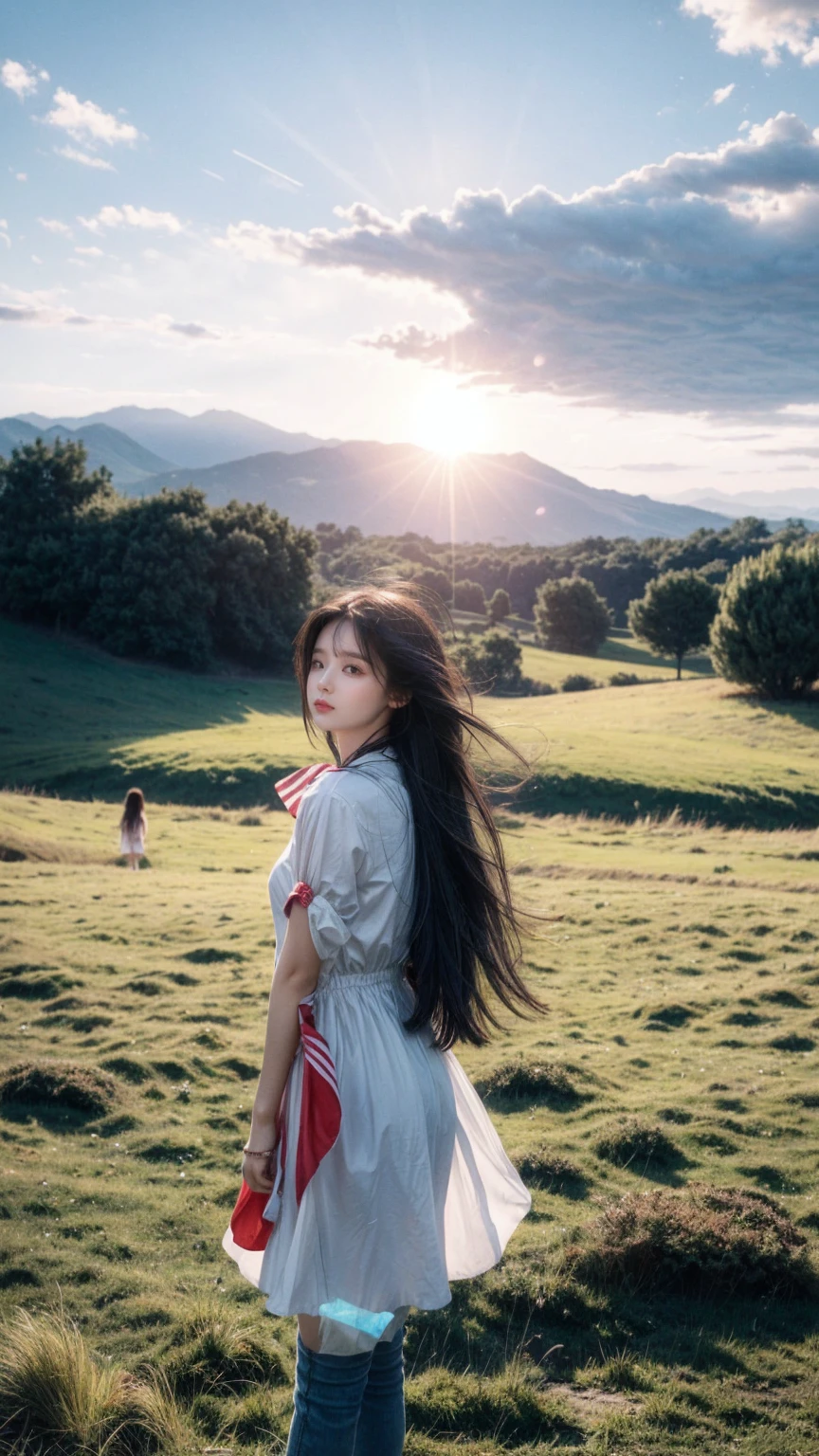 Hair floating in the air, Rear view, look at the sun, There is a starship in the sky, Three Suns, Little girl with black hair, 12 year old girl, Standing on the grassland, landscape, universe, 8K, Super Detail