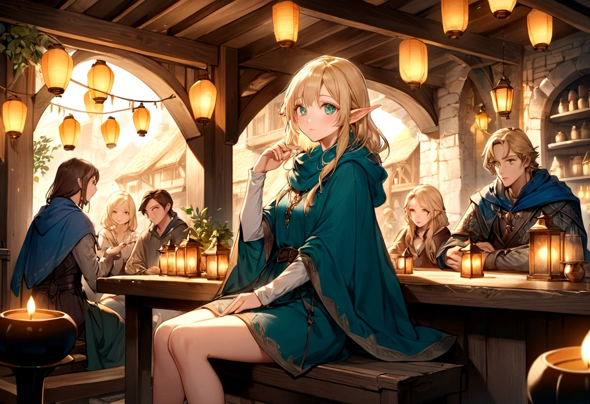 I will create a digital illustration of a beautiful elf sitting in a medieval tavern。Elves are blonde、Has emerald eyes、Wearing a blue cloak。There are other customers in the background.、Draw a cozy and warm scene。The lighting should be soft and golden., Lanterns, candles, etc..。The art style is detailed、Similar to fantasy art.、Delicate and delicate line drawings、Draw a face, hand, Move your toes precisely.。Overall, there is transparency.、Create a great atmosphere。Focus on captivating and attractive environments。