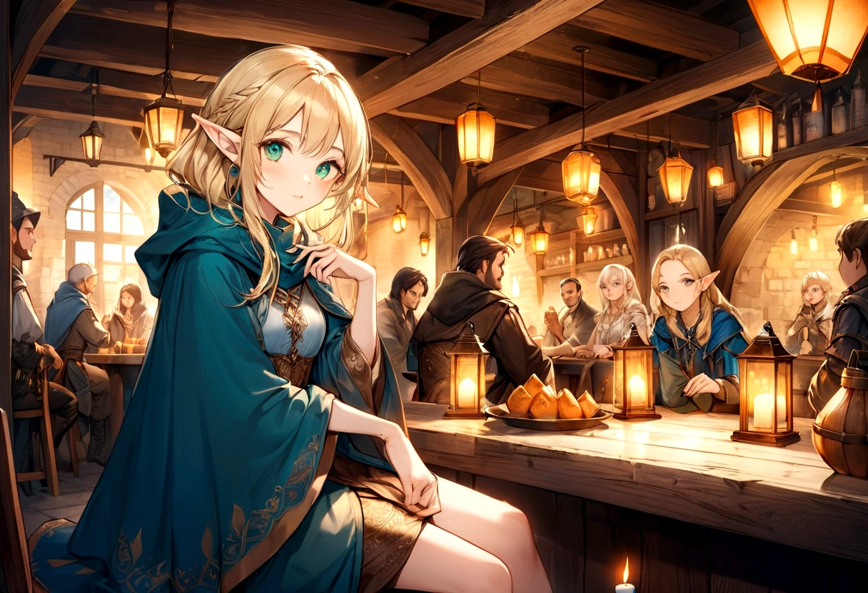 I will create a digital illustration of a beautiful elf sitting in a medieval tavern。Elves are blonde、Has emerald eyes、Wearing a blue cloak。There are other customers in the background.、Draw a cozy and warm scene。The lighting should be soft and golden., Lanterns, candles, etc..。The art style is detailed、Similar to fantasy art.、Delicate and delicate line drawings、Draw a face, hand, Move your toes precisely.。Overall, there is transparency.、Create a great atmosphere。Focus on captivating and attractive environments。