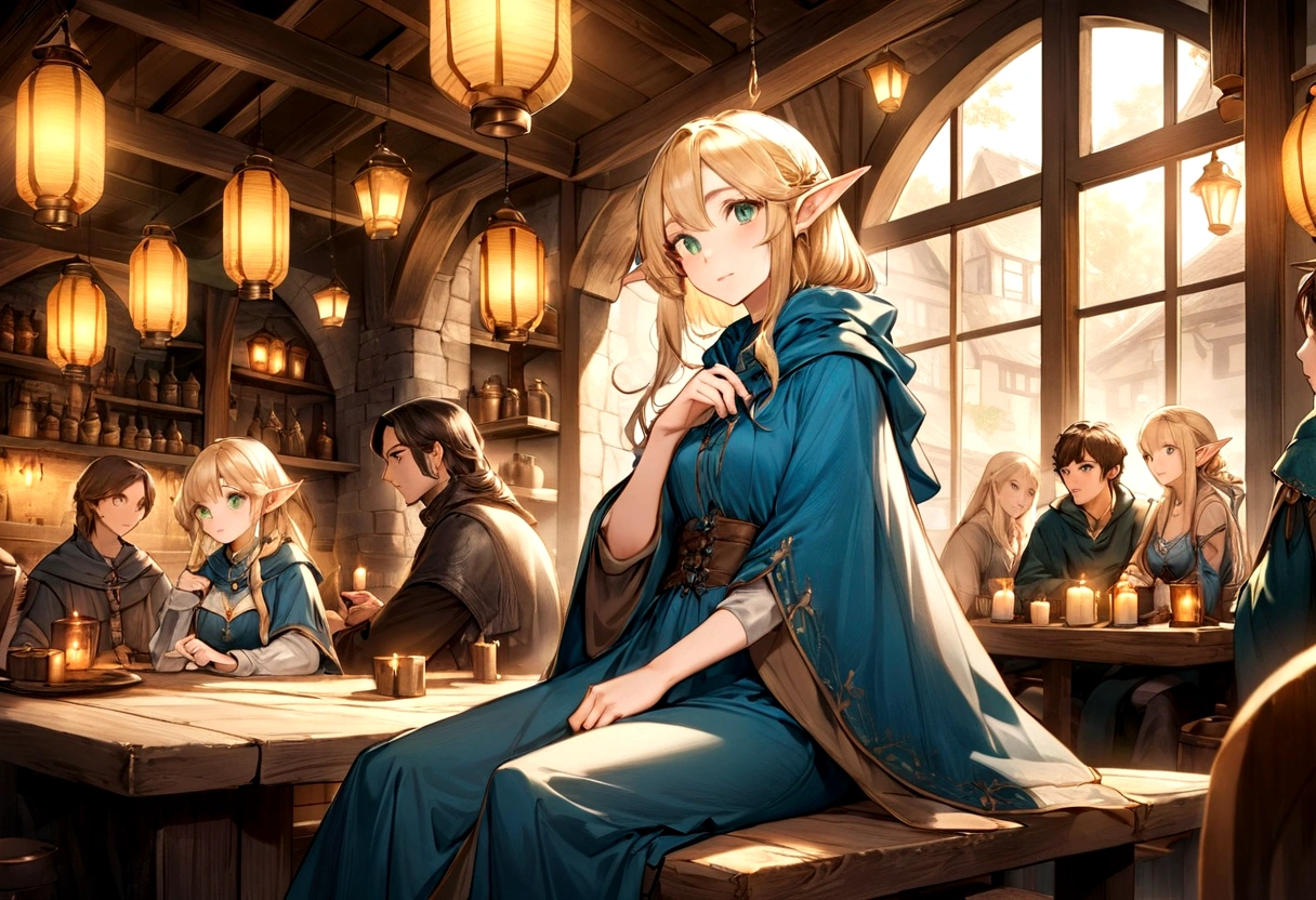 I will create a digital illustration of a beautiful elf sitting in a medieval tavern。Elves are blonde、Has emerald eyes、Wearing a blue cloak。There are other customers in the background.、Draw a cozy and warm scene。The lighting should be soft and golden., Lanterns, candles, etc..。The art style is detailed、Similar to fantasy art.、Delicate and delicate line drawings、Draw a face, hand, Move your toes precisely.。Overall, there is transparency.、Create a great atmosphere。Focus on captivating and attractive environments。
