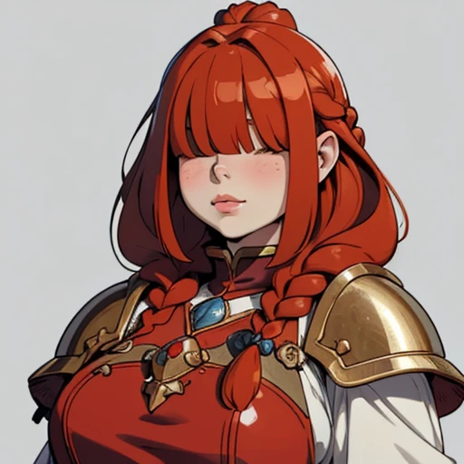 (masterpiece), (best quality),(portrait),(bust up),1girl,solo,(sharp focus),(look at viewer),(redhead),dwarf girl,dwarf,braid ,(fat), huge breasts,ancient luxurious long clothes,armor,(simple background),old school fantasy art,super shiny face,Ultra Glossy Skin,bangs,(hair over eyes)