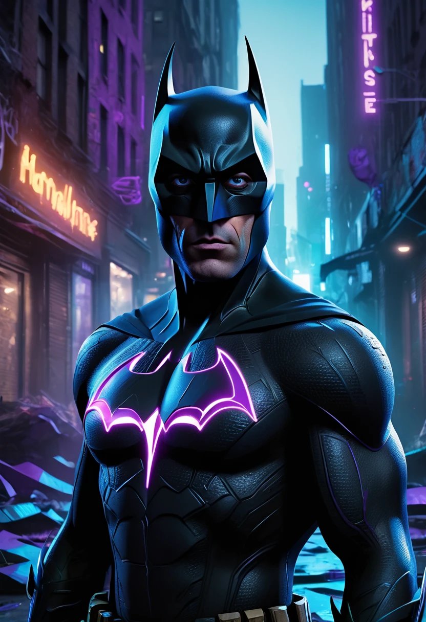 (Masterpiece artwork, 8K, uhd, high resolution: 1.4), stylized portrait of Batman not in Spider-Verse style, (black costume with neon blue and purple details: 1.3), (mask with glowing white eyes: 1.2), (floating cover with light effects: 1.3), (Dynamic and heroic pose: 1.2), (background with Gotham city in graphic and vibrant style: 1.1), (comic and graffiti elements around: 1.2), (dark and electrifying atmosphere: 1.3), Intricate, stylized details, (fantasy and action elements: 1.2), (dynamic and immersive perspective: 1.3)