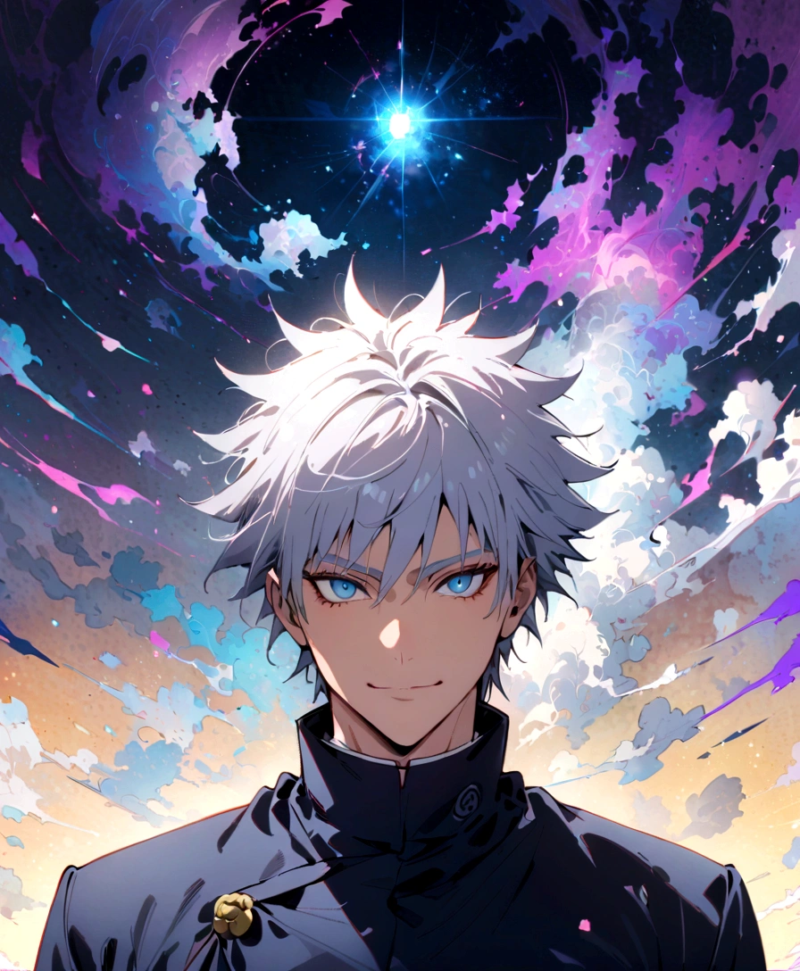 (masterpiece:1.3),(Highest quality:1.4),(Very detailedな:1.5),High resolution,Very detailed,8K,(1 male,Gojo Satoru,JUJUTSU KAİSEN,Gray Hair)Gojo Satoru,have confidence々smile,Beautiful Blue Eyes、（The background is blue and purple space）