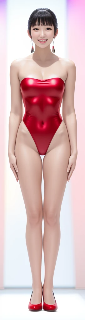 On a white background,A tall and beautiful Chinese girl,with fair skin,Toothy smile,A big smile,When you laugh, Your eyes are crescent-shaped,blunt bangs, long straight hair,Wear a one-piece swimsuit and pumps,Swimsuits are decorated with joyful patterns, Stand up straight,Stand upright,hands on sides,Symmetrical distribution,Ray tracing,All shaded areas,No windows, Soft lighting, Warm light, flood light, n, Studio light, 1.4x Realistic Ultra HD