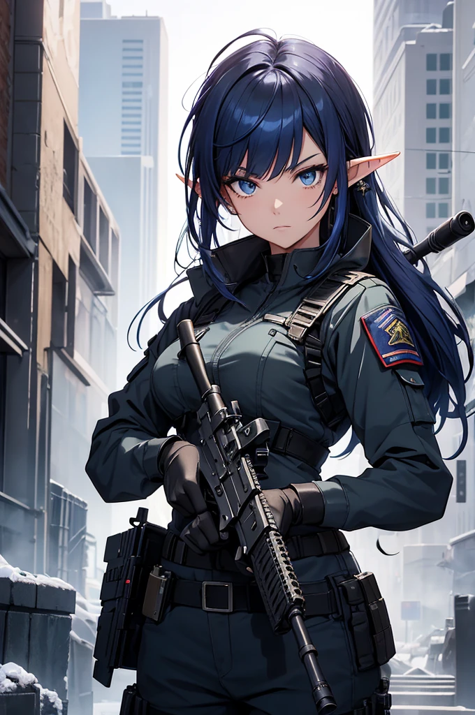 Create a high-quality anime-style image featuring an elf girl with dark navy-blue hair and straight-cut bangs. She is a member of a special forces police unit. She has a large red earring on her right ear and is holding an assault rifle. The background should feature a city inside a dome, with a black armored vehicle beside her.