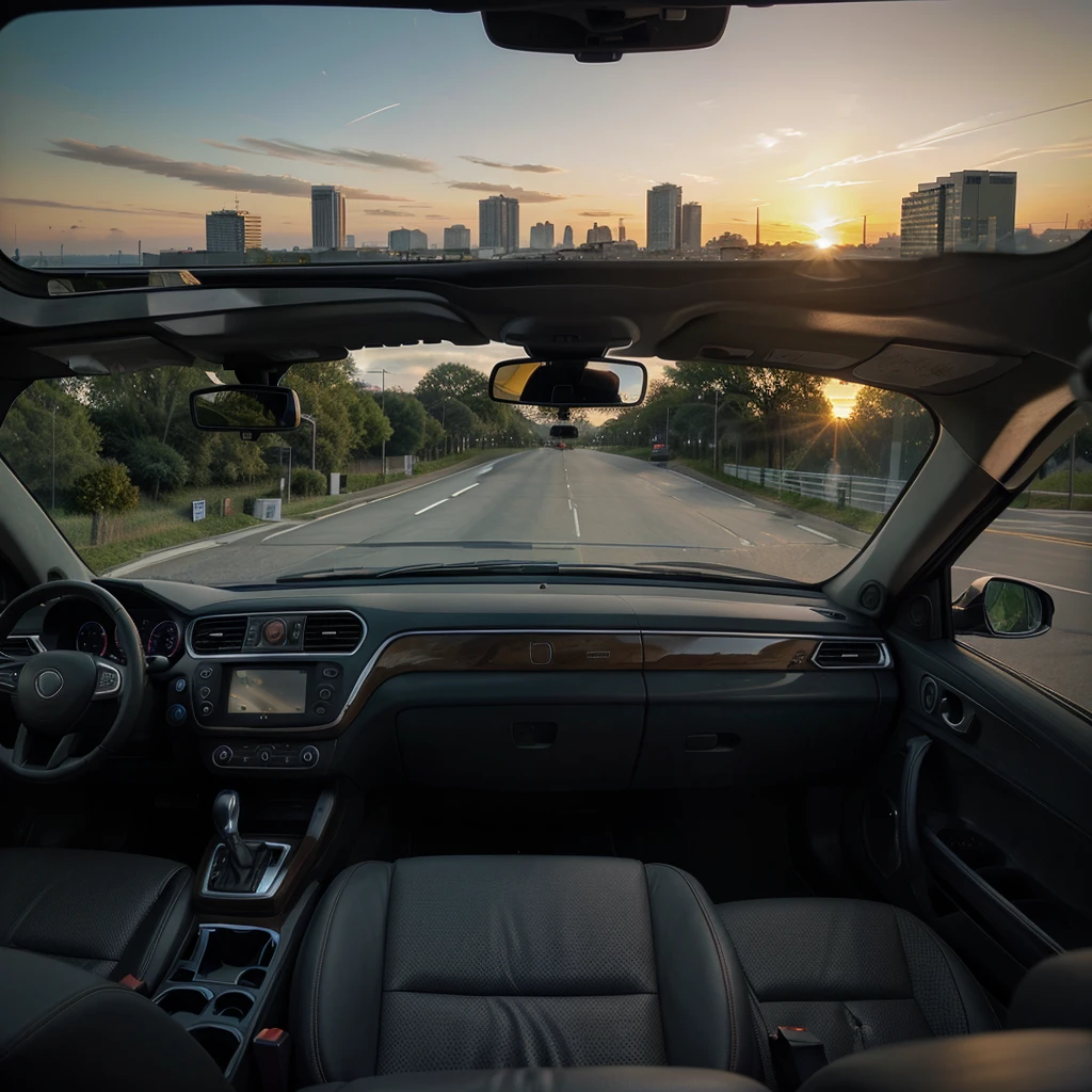 Generate a photo of a car moving forward. The photo is taken from the co-pilot and you can see the rearview mirror., You can also see an urban landscape and a very natural sunset in the background..