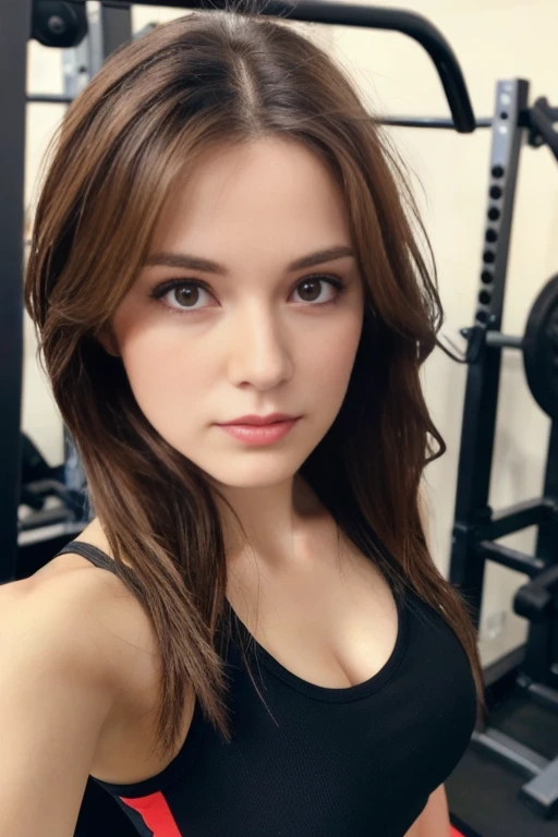 A girl at the gym taking selfies with the machines in the background.
