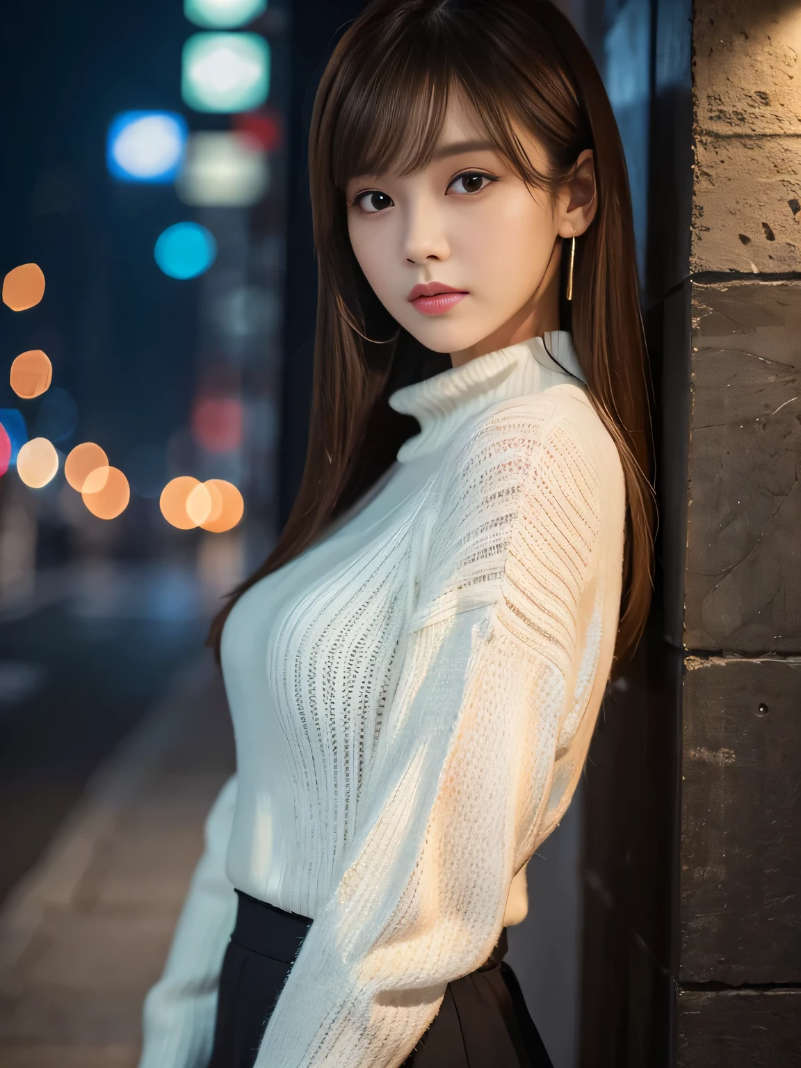masterpiece, 1 beautiful girl, detailed eye, Puffy eyes, top-quality, high resolution, (Realisticity: 1.4), cinematlic lighting, Asian Beauty, Korea idol, Super beauty, Beautiful skin, slender, (A hyper-realistic), (hight resolution), (8K), (ighly detailed), (beautifully detailed eyes), (ultra-detailliert), (wall), detailed face, Bright lighting, profetional lighting, looking at viewert, Facing straight ahead, Black knitwear, oblique bangs, nighttime scene, Brown hair, age19, tall,