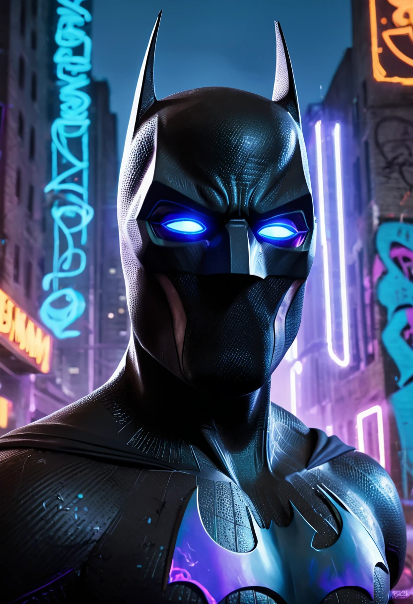 (Masterpiece artwork, 8K, uhd, high resolution: 1.4), stylized portrait of Batman not in Spider-Verse style, (black costume with neon blue and purple details: 1.3), (mask with glowing white eyes: 1.2), (floating cover with light effects: 1.3), (Dynamic and heroic pose: 1.2), (background with Gotham city in graphic and vibrant style: 1.1), (comic and graffiti elements around: 1.2), (dark and electrifying atmosphere: 1.3), Intricate, stylized details, (fantasy and action elements: 1.2), (dynamic and immersive perspective: 1.3)