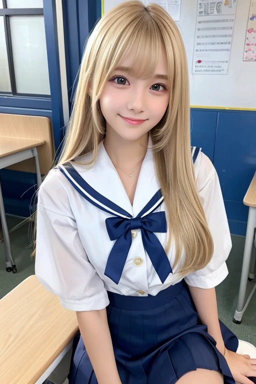 Her windblown blonde hair obscures her pretty face..、Bangs that flow between the eyes、Sexy big 、16 year old cute little smile、Shiny, bright, straight, super long blonde hair、Cute and beautiful long, smooth bangs covering the area between the eyes、Long, straight, silky hair、sexy and cute beautiful young girl、clear, white and Shiny skin、Shiny skin、Beautiful Face、Beautiful brown eyes that shine so brightly、Very big eyes、Small Face Beauty、Perfect beauty、（Full body 3：1）、（high school girl）、classroom、Sit on a desk、uniform、Sailor suit、Short skirt、Sexy shot、gravure、Pool、Get wet、 information