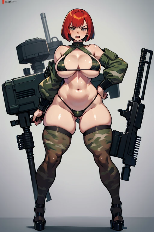  thick hips,  thick thighs, platform  heels, mini bikini, huge breast, thin waist, bob cut hair, weapon, freckled skin, gun, angry look, military camouflage, open mouth, thick body, fitness, stockings, redhead,