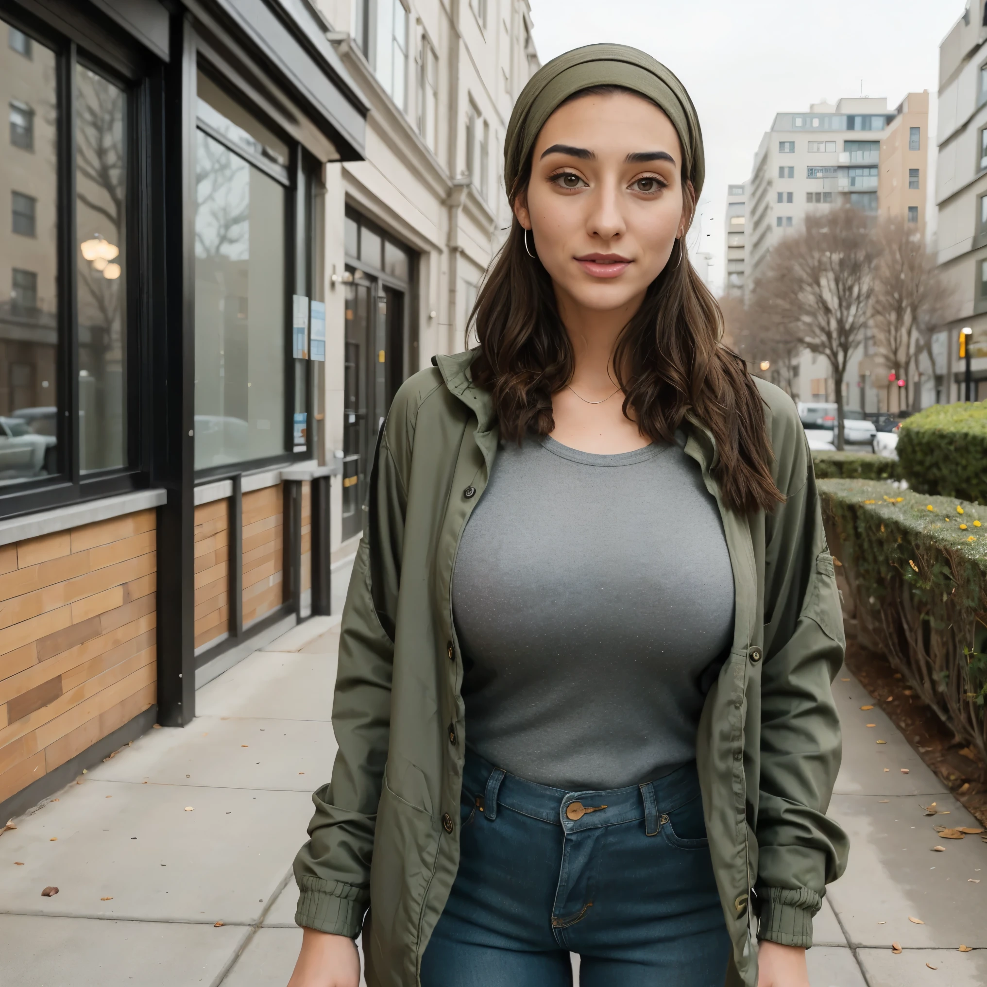 Extremely busty thin and toned brunette photographer, college girl, fair skin, loose side sweep, soft face, athletic, headwrap, headscarf, tight olive green casual windbreaker, skinny jeans. standing in front of her apartment building, outdoors, city, camera bag, shoulder strap