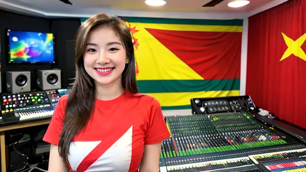 A beautiful girl inside a music studio , Vietnam flag t-shirt ( Red flag yellow star), High quality photos, HD, 4K