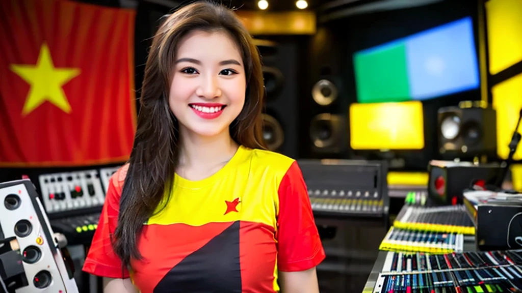 A beautiful girl inside a music studio , Vietnam flag t-shirt ( Red flag yellow star), High quality photos, HD, 4K