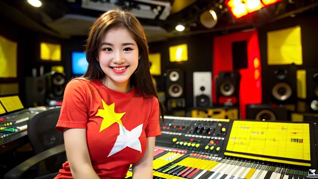 A beautiful girl inside a music studio , Vietnam flag t-shirt ( Red flag yellow star), High quality photos, HD, 4K