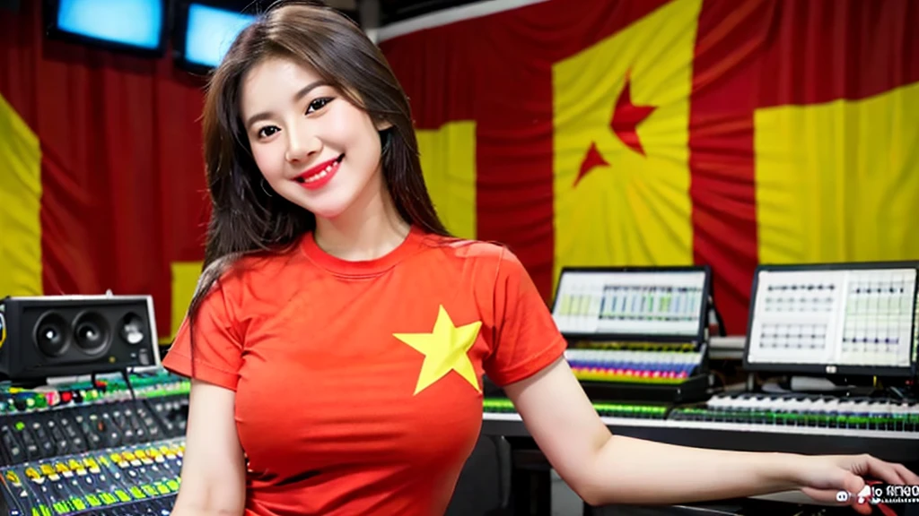 A beautiful girl inside a music studio , Vietnam flag t-shirt ( Red flag yellow star), High quality photos, HD, 4K