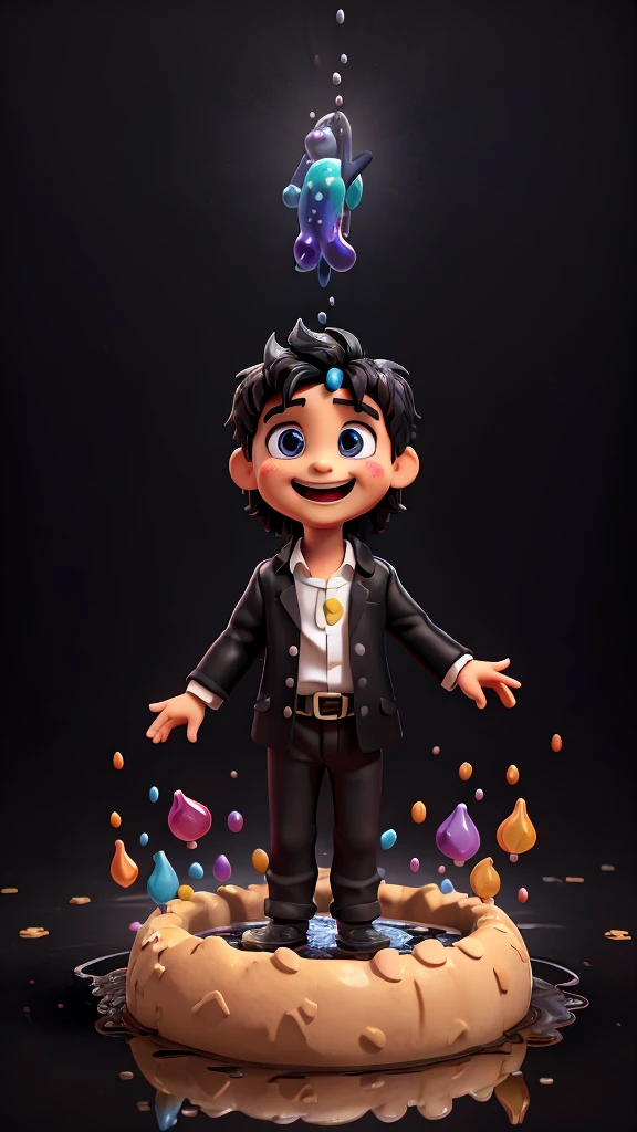 An exuberant 3D representation of (child Jesus Christ) with an hourglass, clock (period clothing), (((piercing gaze))) his expressive eyes shining with joy as he laughs with his mouth open. black background with a large puddle of multicolored paint, the background has colorful splash effects, (((puddle of multicolored paint on a black background surrounding the character) )), The black background shines with a puddle of paint behind the 3D characters.