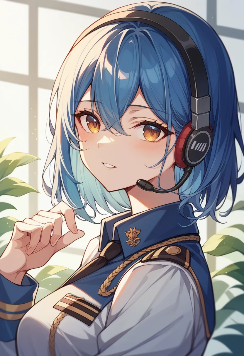 Blue Hair、girl、An illustration、anime、HD Lighting、Field uniform、headset、Beautiful high image quality、Beautiful light source、effect