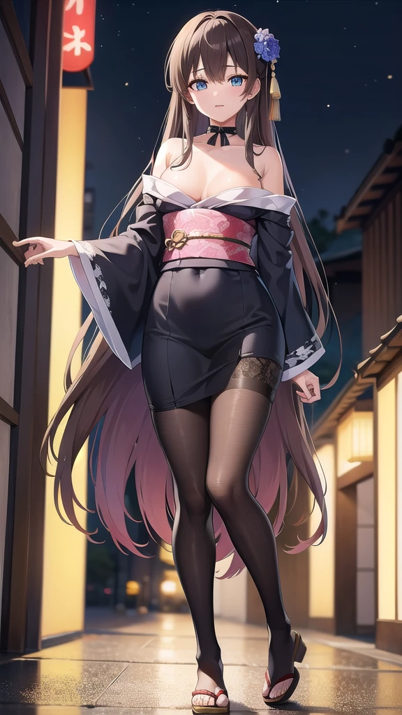 BREAK looking at viewer, BREAK (masterpiece:1.2), best quality, high resolution, unity 8k wallpaper, (illustration:0.8), (beautiful detailed eyes:1.6), extremely detailed face, perfect lighting, extremely detailed CG, (perfect hands, perfect anatomy),Miku Nakano, Miku Nakano Chick III, Long Hair, Bangs, Blue Eyes, Brown hair, Hair between the eyes,medium Breasts,japanese clothes,kimono,wet kimano, yukata,cleavege,neckline,black choker,pantyhose full body,from below,bend over,street,night,wet road,festival,