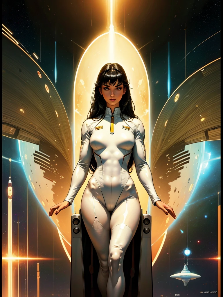 best qualityer, 8K, woman space retro futurism, beautiful and detailed face, long straight black hair, bangss,big eyelashes,looking at the observer,see-through white leotard,light tan pantyhose, science fiction setting RETRO SPACESHIP