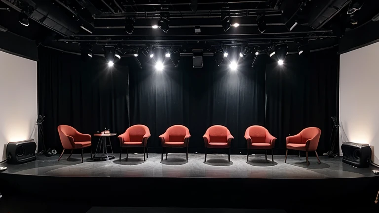 Podcast stage with 6 chairs