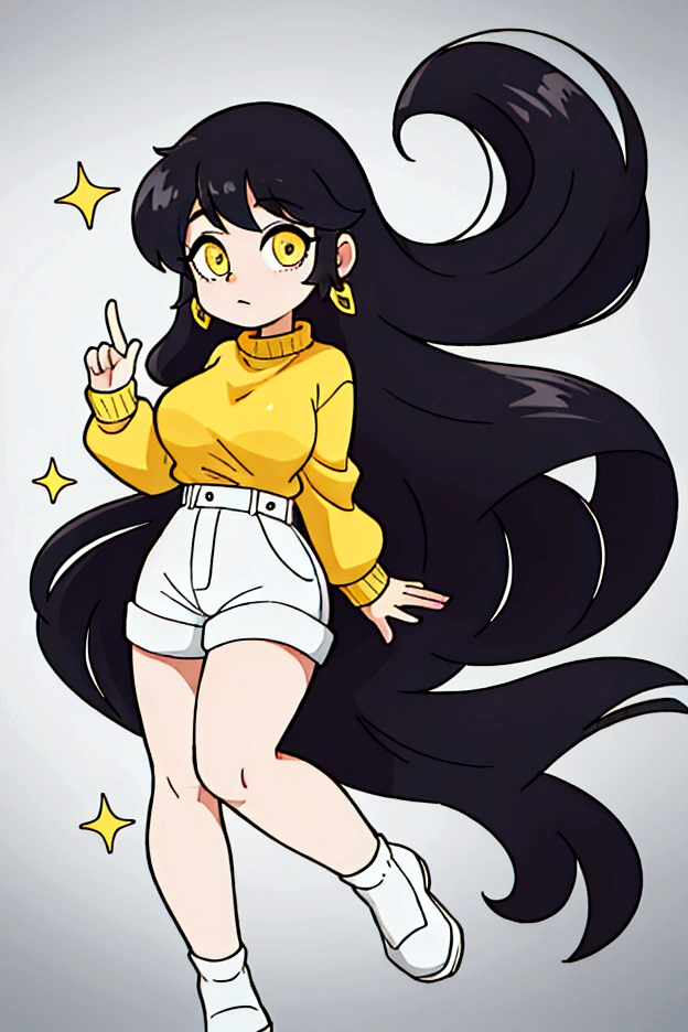 cool posee,Score6, black hair, long hair,yellow sweater