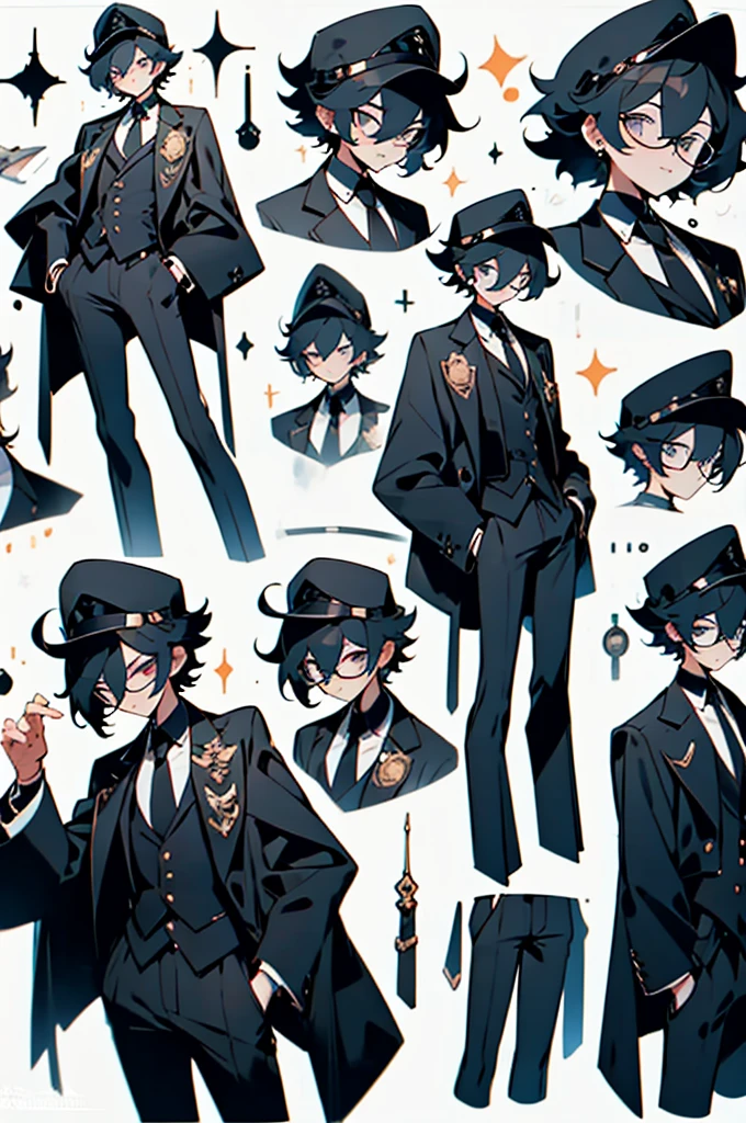 Guy, black shorts hair, eyes gray, glasses, black Fedora hat, black suit, black pants, pocket clock, strong