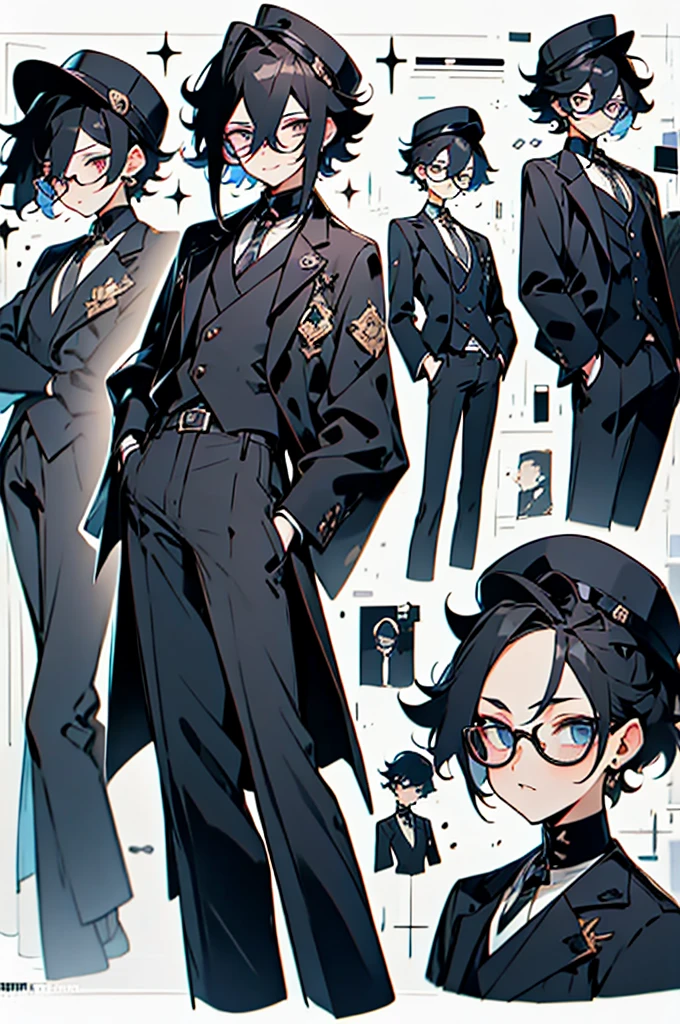 Guy, black shorts hair, eyes gray, glasses, black Fedora hat, black suit, black pants, pocket clock, strong