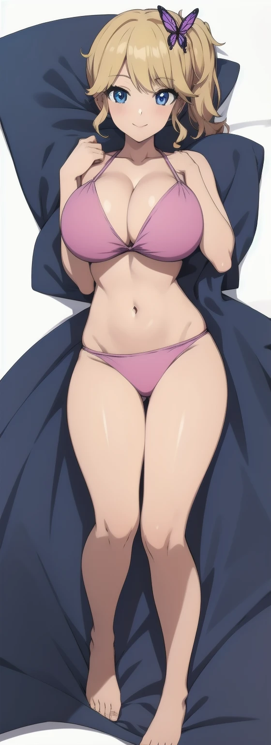 anime style, best quality, high quality, detailed face, detailed eyes, 
(white background, solid white background), dakimakura, 
(on back, laying, full body), Looking at Viewer, 
Kiri Izumi, solo, solo focus, blond hair, side ponytail, hair butterfly ornament, large breasts, 
pink bikini, cleavage, navel, smile, 
