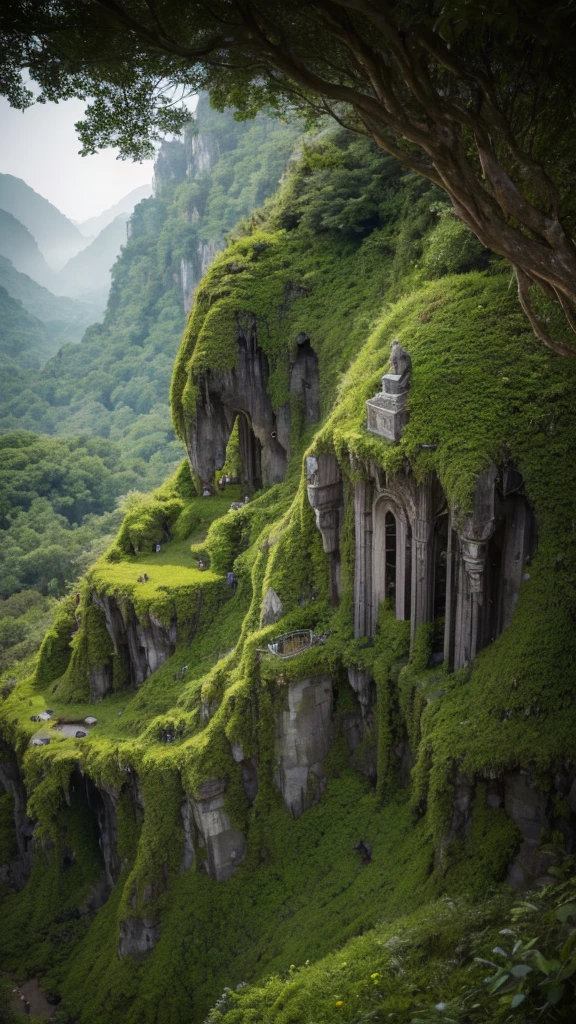 "A bird's-eye view of a mountain ridge with a line of massive, 50-meter-tall grotesque statues resembling skeletons, each covered in moss and vines. These towering statues are lined up along the mountain peaks, following the natural curve of the terrain. The statues have eerie, hollow eyes and decayed features, creating a haunting and unsettling atmosphere. The scene is set on a misty mountain top, with lush, green foliage covering the mountainside. The perspective emphasizes the enormous height of the statues and their endless line stretching along the ridge, blending seamlessly into the rugged landscape and evoking a sense of awe and fear. The image should be highly detailed, with realistic textures and lighting, capturing the depth and intricacies of the statues and the surrounding natural environment in 4K quality."