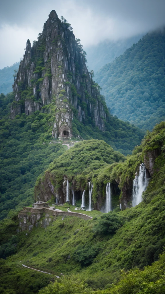 "A bird's-eye view of a mountain ridge with a line of massive, 50-meter-tall grotesque statues resembling skeletons, each covered in moss and vines. These towering statues are lined up along the mountain peaks, following the natural curve of the terrain. The statues have eerie, hollow eyes and decayed features, creating a haunting and unsettling atmosphere. The scene is set on a misty mountain top, with lush, green foliage covering the mountainside. The perspective emphasizes the enormous height of the statues and their endless line stretching along the ridge, blending seamlessly into the rugged landscape and evoking a sense of awe and fear. The image should be highly detailed, with realistic textures and lighting, capturing the depth and intricacies of the statues and the surrounding natural environment in 4K quality."
