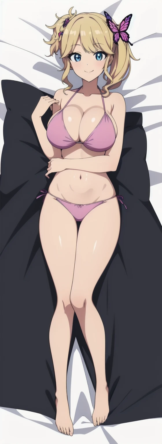 anime style, best quality, high quality, detailed face, detailed eyes,
(white background, solid white background), dakimakura,
(on back, laying, full body), Looking at Viewer,
Kiri Izumi, solo, solo focus, blond hair, side ponytail, hair butterfly ornament, large breasts,
pink bikini, cleavage, navel, smile,