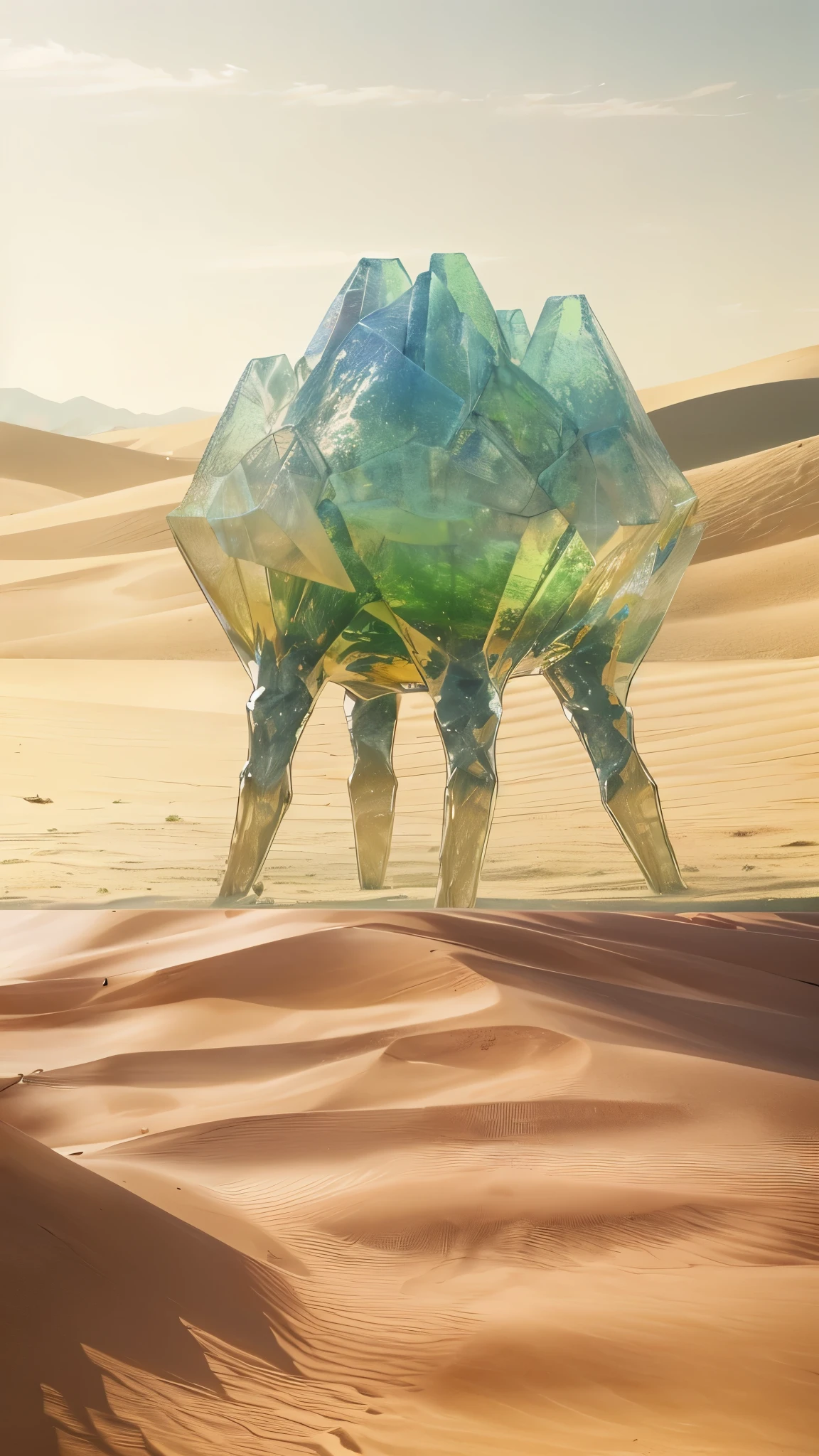 a gigantic transparent crystal creature on four legs, walking through a desert, mystic and simple design, no face, no nose, no mouth, no eyes, dynamic point of view, rising sand effects, (best quality,4k,8k,highres,masterpiece:1.2),ultra-detailed,(realistic,photorealistic,photo-realistic:1.37),detailed desert landscape, warm lighting, vibrant colors
