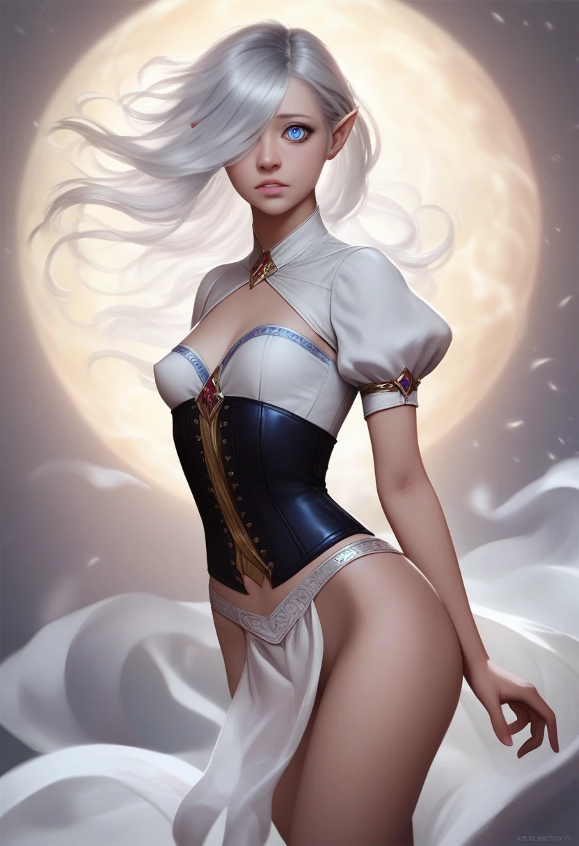 1girl, masterpiece, best quality, 8k, detailed skin texture, detailed cloth texture, beautiful detailed face, intricate details, ultra detailed, girl, halfling girl, halfling, pale skin, short, short stature, very long silver hair, straight hair that curls at the end, small breasts, pouty lips, masterpiece, best quality, dynamic pose, 8k, hair covering one eye, anime eyes, bright blue eyes, detailed eyes, big round eyes, realistic eyes, windy, eyeliner, shy personality, lots of belts, wind magic, fantasy, dungeons and dragons, detailed leather corset, white cloth shirt with puffy sleeves