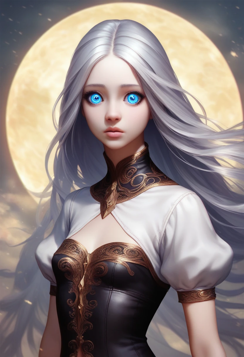 1girl, masterpiece, best quality, 8k, detailed skin texture, detailed cloth texture, beautiful detailed face, intricate details, ultra detailed, girl, halfling girl, halfling, pale skin, short, short stature, very long silver hair, straight hair that curls at the end, small breasts, pouty lips, masterpiece, best quality, dynamic pose, 8k, hair covering one eye, anime eyes, bright blue eyes, detailed eyes, big round eyes, realistic eyes, windy, eyeliner, shy personality, lots of belts, wind magic, fantasy, dungeons and dragons, detailed leather corset, white cloth shirt with puffy sleeves