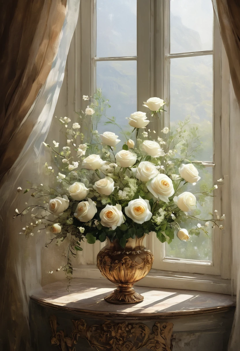 there is a large bouquet of flowers sitting in front of a window, dreamy and detailed, stunning arcanum backdrop, atmospheric beautiful details, elegant flowers, white flowers, baroque style painting backdrop, floral environment, floral painted backdrop, exquisite floral details, flowers in background, white roses, soft and intricate, dreamy and ethereal, nature and floral aesthetics