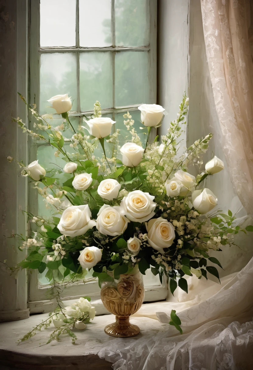 there is a large bouquet of flowers sitting in front of a window, dreamy and detailed, stunning arcanum backdrop, atmospheric beautiful details, elegant flowers, white flowers, baroque style painting backdrop, floral environment, floral painted backdrop, exquisite floral details, flowers in background, white roses, soft and intricate, dreamy and ethereal, nature and floral aesthetics