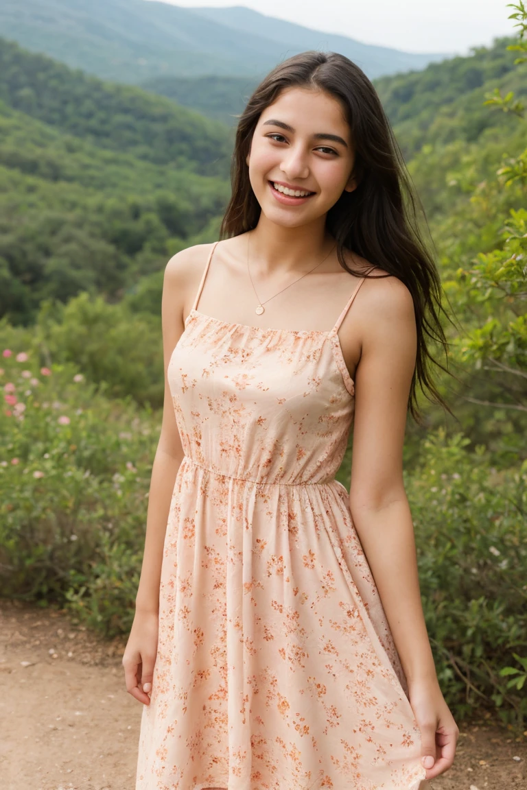 14 years old girl named Mouni, wearing sundress, bokeh, perfect body, closeup full body photo taken on i phone, ((Realistic: 1.2)),Ultra Realistic, ultra HD, ((peach color Sundress dress)), (floral Dress)), laughing, Beautiful smile, picnic, park,wet white camisole, Mountain trail, barefoot, without makeup