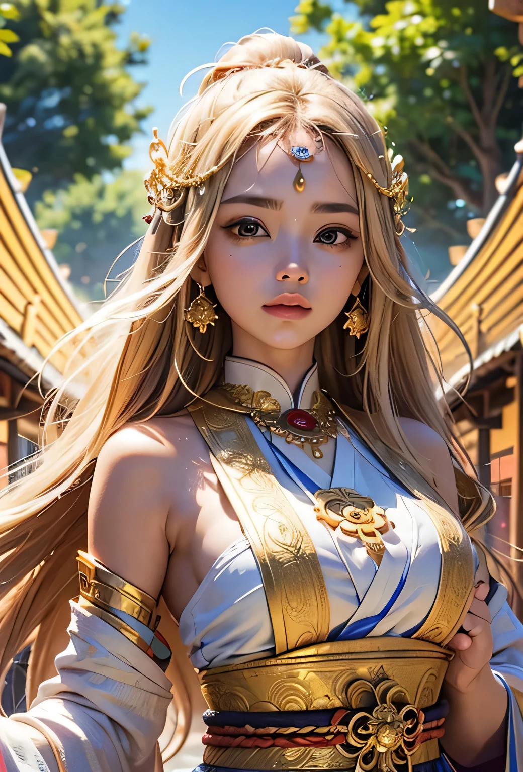 "Child of the Sun, Goddess of Love": Within a sacred sanctuary bathed in sunlight, depict the figure of a sun goddess who governs love, facing forward and emanating divine radiance. She is a , around 3 years old. Zoom in to focus on her face, with a gleaming orb of light in her hands, representing the life-giving power of the sun. Her hair is shimmering gold, and she is wearing a traditional miko outfit as seen in Japanese shrines. The background should be predominantly gold, evoking a sense of divine splendor, with numerous heart-themed objects expressing the beauty of love. The setting is in heaven, enveloped in soft, bright light, where one can find tranquility and peace of mind, free from any trace of anxiety.Straight-on.
