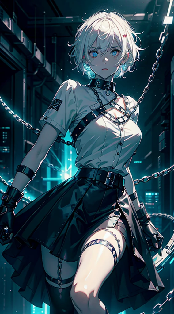 Girl,white hair,short and messy hair, white eyes, Holding a chain whip,chains on the hands,  cute, skirt, white blouse, cyberpunk style, eletronic gloves, mecanic parts, eletronic details,living room background.HD lighting and dark )(epic image quality) dark atmosphere with bright particle light(many effects in background), fullbody shot