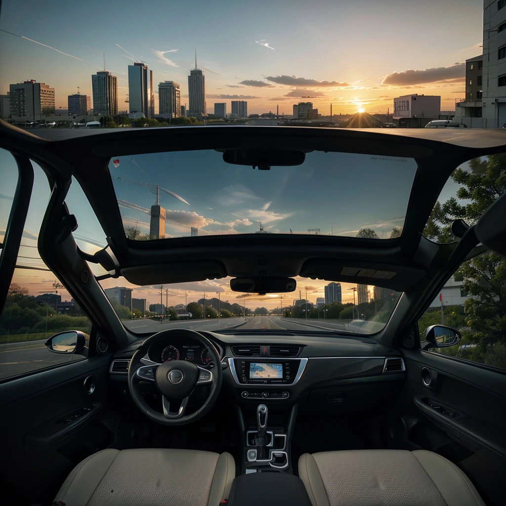 Generate a photo of a car moving forward. The photo is taken from the co-pilot and you can see the rearview mirror., You can also see an urban landscape and a very natural sunset in the background..