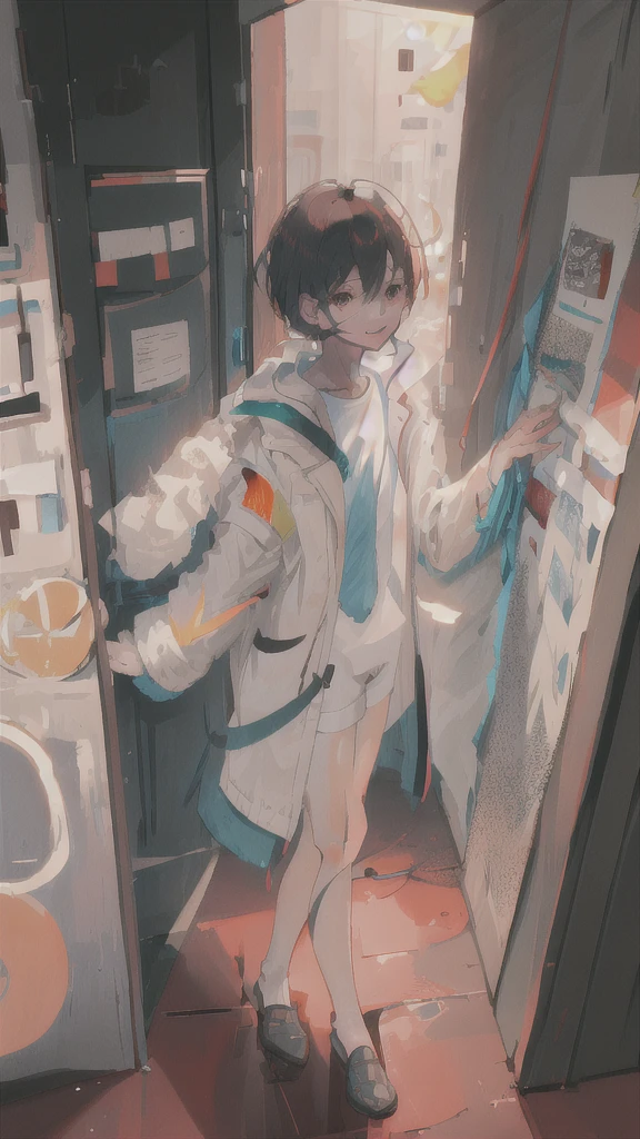 There is a male character standing with his back to a door, the door is open, low and saturated, dressed in a detective outfit, half-turning back, a slight smile, unburned papers scattered on the floor, a small amount of burning smoke in the air, the sun shining inside the door, the door is only red, the picture is pristine, dressed in a shirt, the jacket resting on his right hand, and he opens the door with his left hand