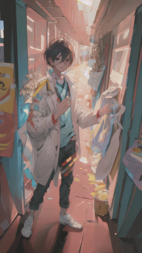 There is a male character standing with his back to a door, the door is open, low and saturated, dressed in a detective outfit, half-turning back, a slight smile, unburned papers scattered on the floor, a small amount of burning smoke in the air, the sun shining inside the door, the door is only red, the picture is pristine, dressed in a shirt, the jacket resting on his right hand, and he opens the door with his left hand