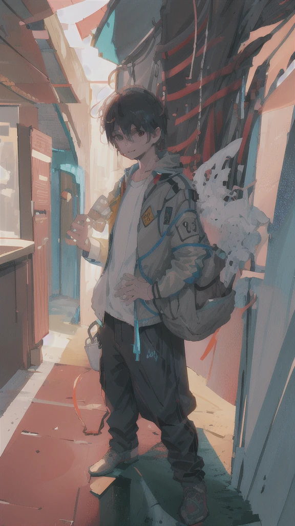 There is a male character standing with his back to a door, the door is open, low and saturated, dressed in a detective outfit, half-turning back, a slight smile, unburned papers scattered on the floor, a small amount of burning smoke in the air, the sun shining inside the door, the door is only red, the picture is pristine, dressed in a shirt, the jacket resting on his right hand, and he opens the door with his left hand