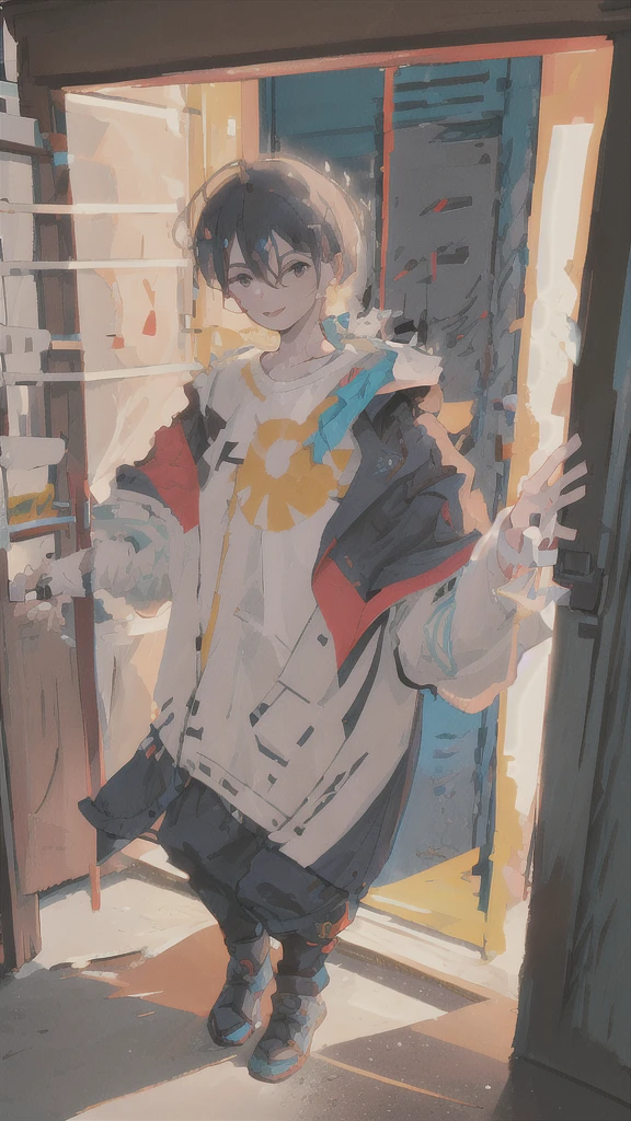 There is a male character standing with his back to a door, the door is open, low and saturated, dressed in a detective outfit, half-turning back, a slight smile, unburned papers scattered on the floor, a small amount of burning smoke in the air, the sun shining inside the door, the door is only red, the picture is pristine, dressed in a shirt, the jacket resting on his right hand, and he opens the door with his left hand