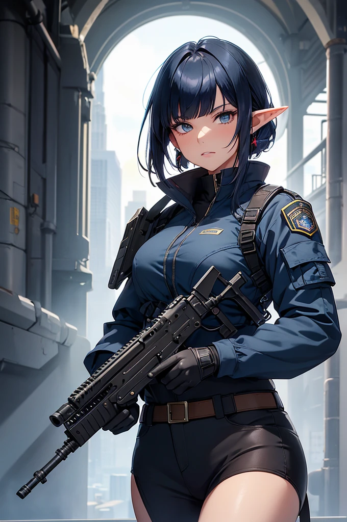 Create a high-quality image featuring an elf girl with dark navy-blue hair and straight-cut bangs. She is a member of a special forces police unit. She has a large red earring on her right ear and is holding an assault rifle. The background should feature a city inside a dome, with a black armored vehicle beside her. 