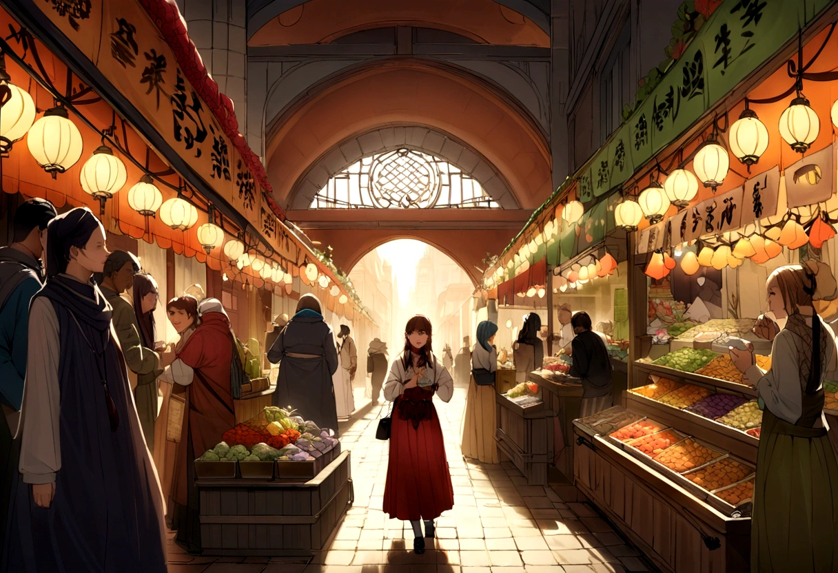 background: A bustling market in the Magic City, Creatures of various shapes and sizes object mysterious artifacts々Where to replace.

letter: Mischievous, Quick finger thief (By Keira) In the mysterious air, Steal powerful amulets from vendors' stalls.{Realistic}