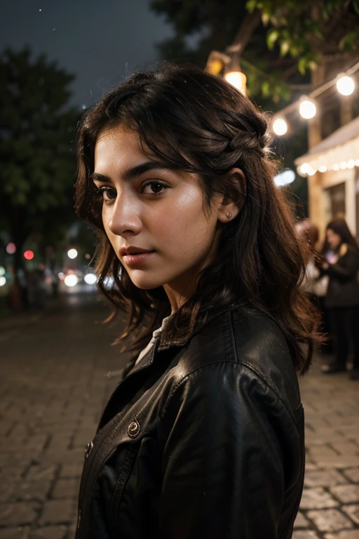A photorealistic portrait of a 25-year-old Armenian girl with curly black and thin eyebrows. She should have a natural, approachable expression, The background should be a night park. Capture this image with a high-resolution photograph using mobile phone.