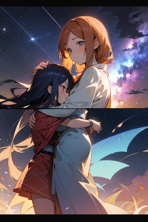 anime style, super fine illustration, highly detailed, dynamic angle, beautiful detailed, 8k, On a summer night during Tanabata, BREAK Orihime and Hikoboshi battle with the Milky Way in the background. Both are dressed in army jacket, hugging each other with expressions of longing.