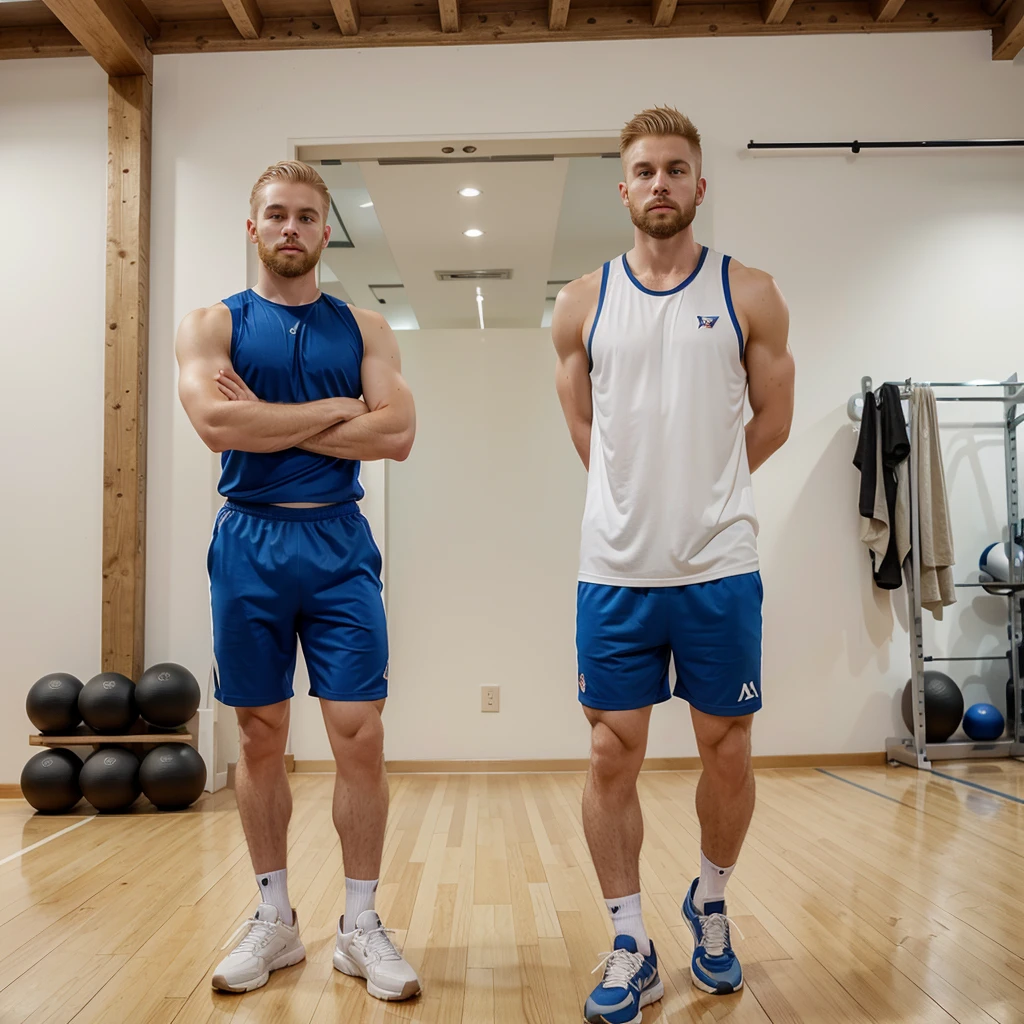 full body photograph of a 28 year old man ,blond hair,military cut hair ,White skin,blue eyes ,trimmed beard,in the gym with sports clothes.